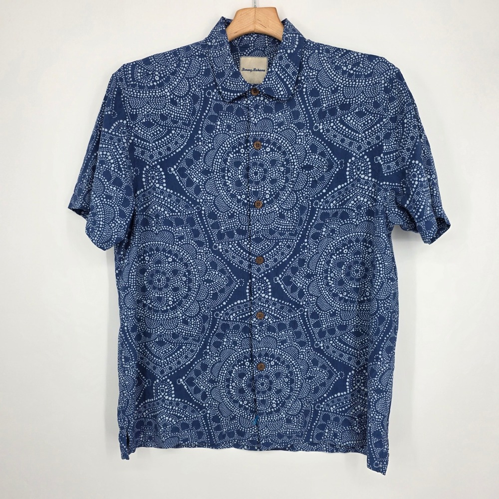 Tommy Bahama Mens Large 100% Silk Blue Dot Mandala Short Sleeve Camp Shirt